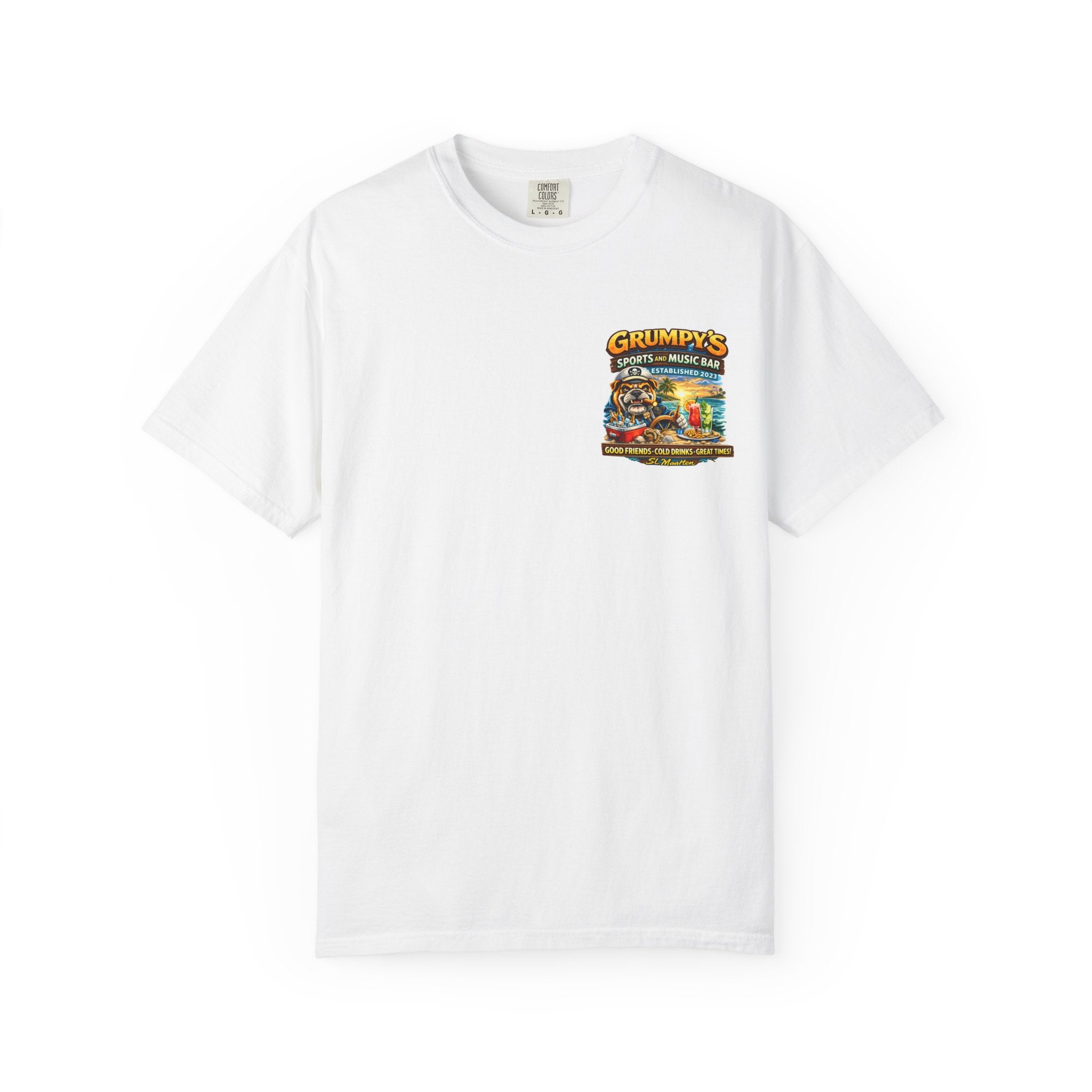 White t-shirt with a colorful graphic on a white background