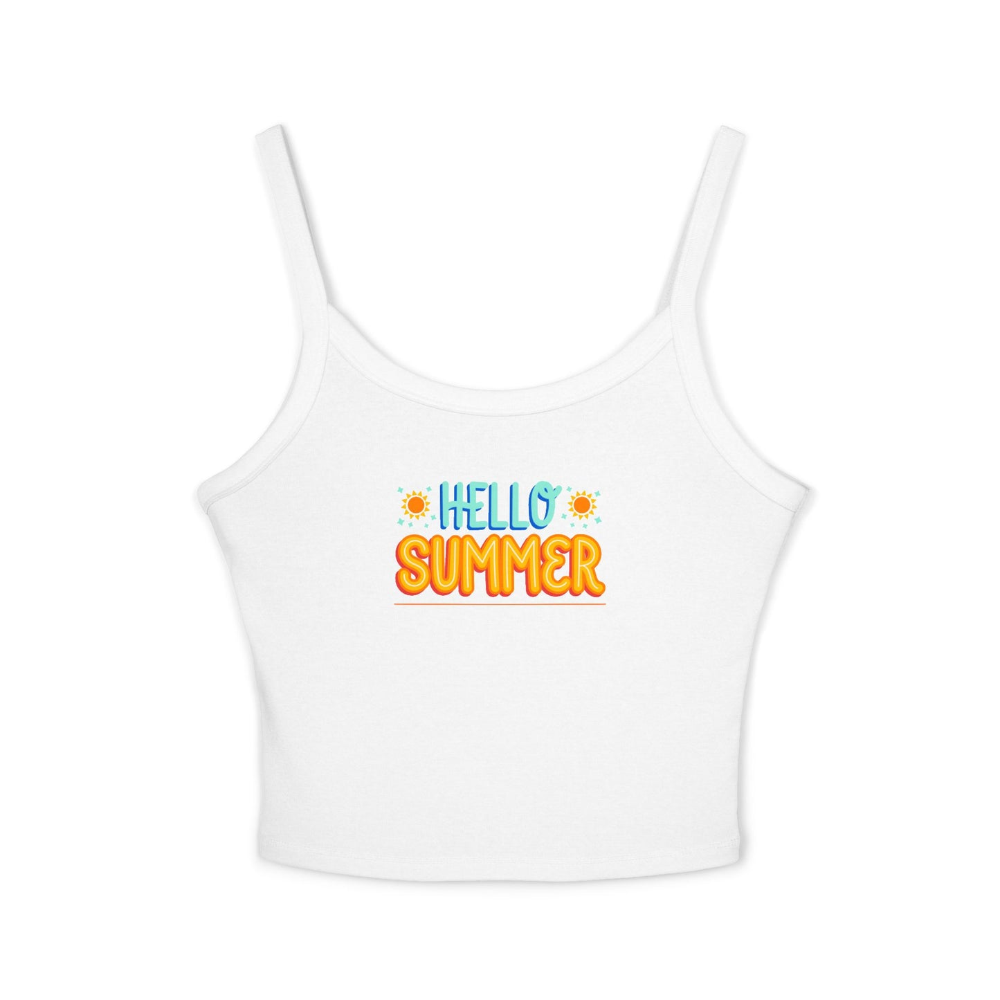 White tank top with 'Hello Summer' text on a white background