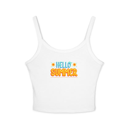 White tank top with 'Hello Summer' text on a white background