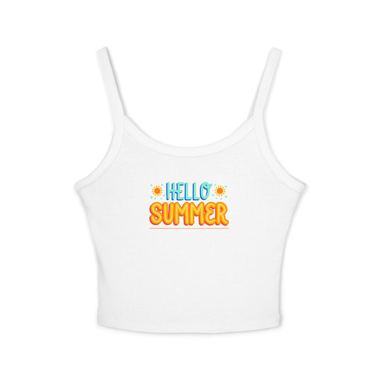 White tank top with 'Hello Summer' text on a white background