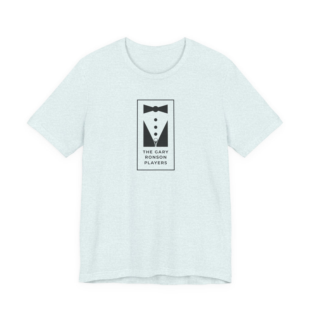 Light blue heather t-shirt with a black-and-white tuxedo graphic and 'The Gary Ronson Players' text, on a white background