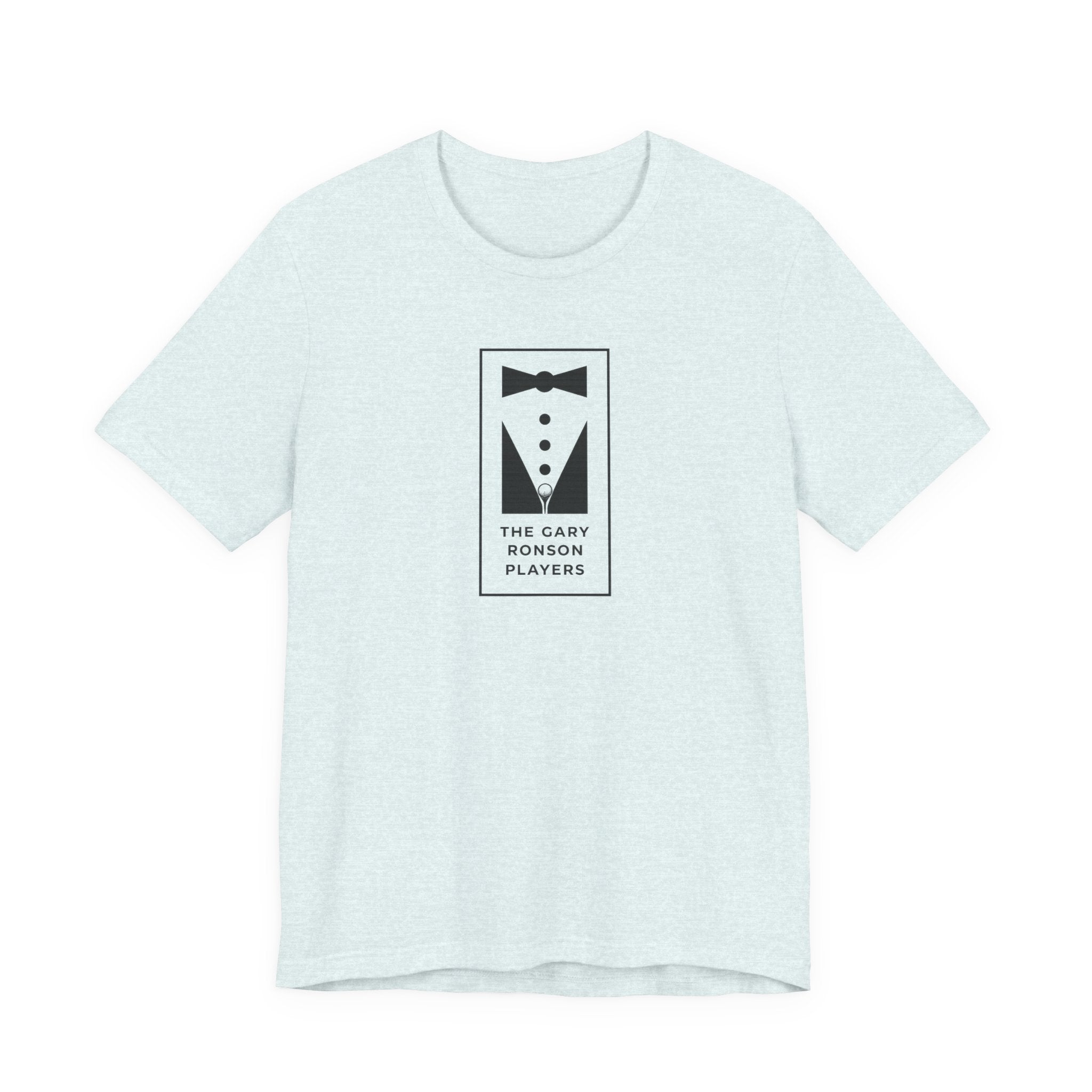 Light blue heather t-shirt with a black-and-white tuxedo graphic and 'The Gary Ronson Players' text, on a white background