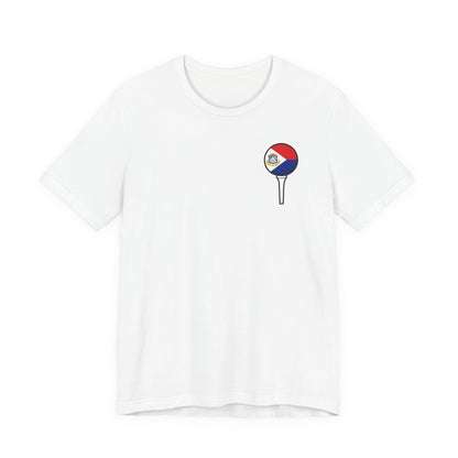 White t-shirt with a small graphic design on a white background