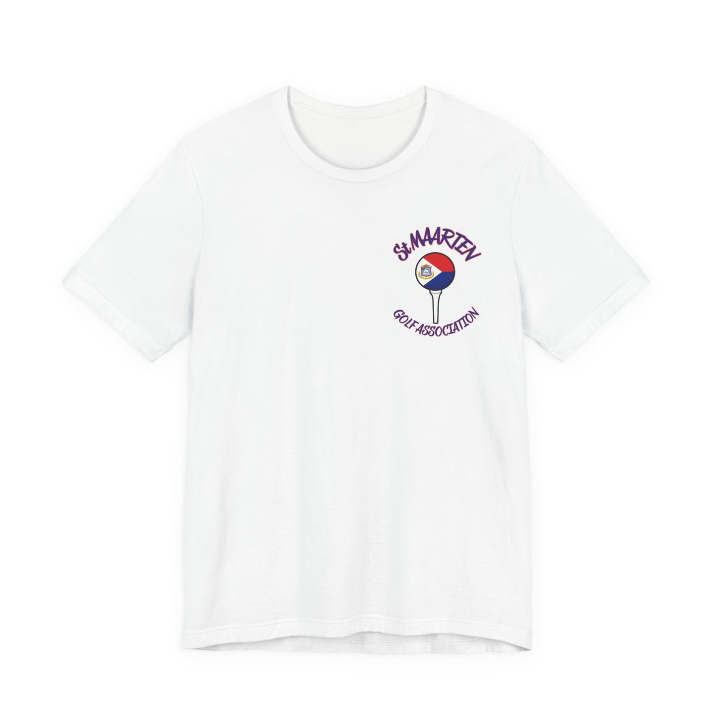 White t-shirt with a logo on the chest against a white background