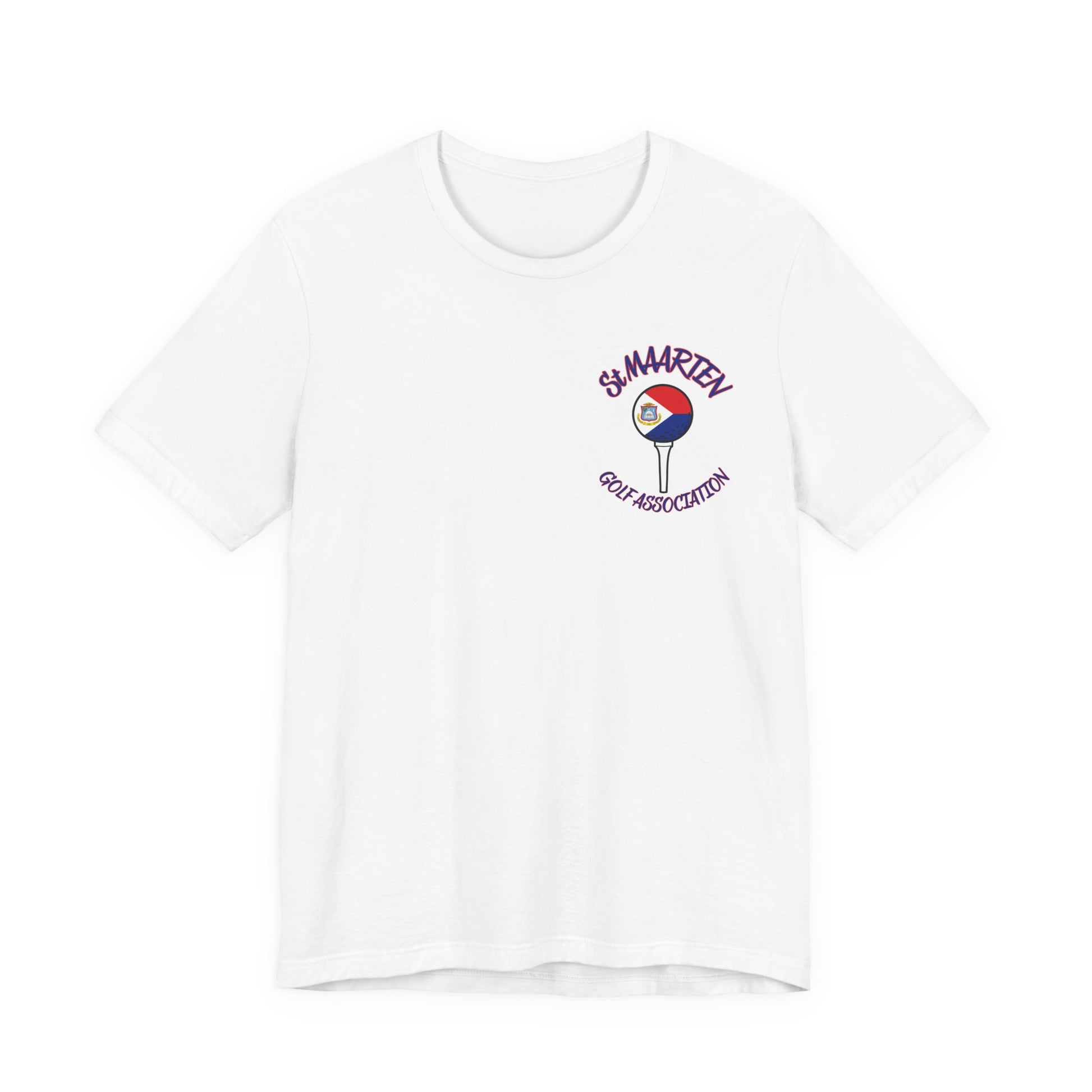 White t-shirt with a logo on the chest against a white background