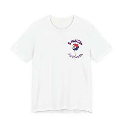 White t-shirt with a logo on the chest against a white background
