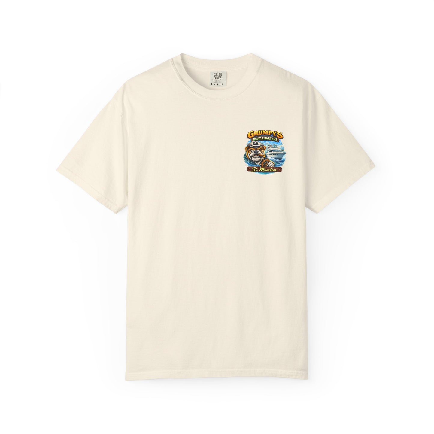 Beige t-shirt with a graphic design on a white background