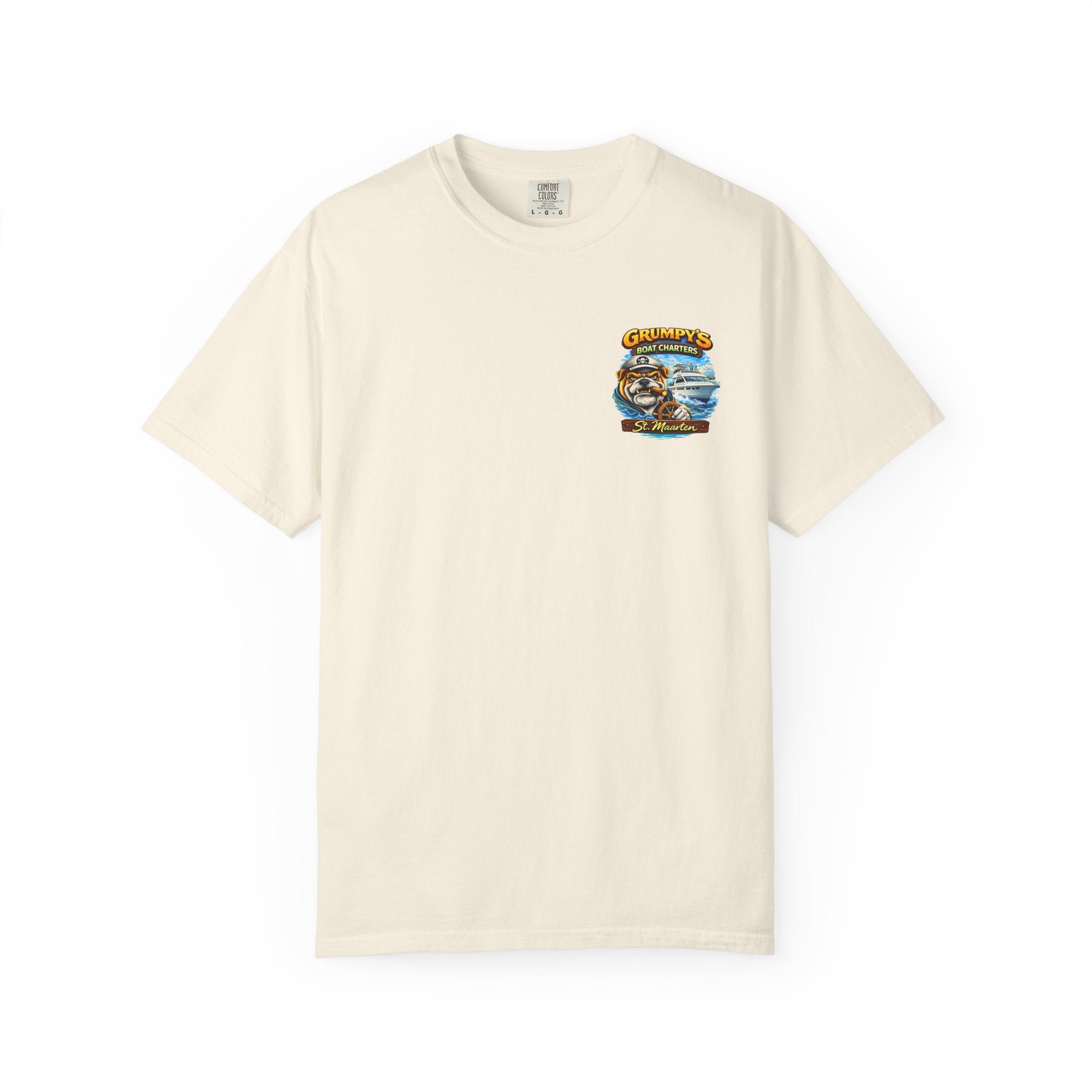 Beige t-shirt with a graphic design on a white background