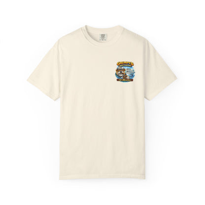 Beige t-shirt with a graphic design on a white background