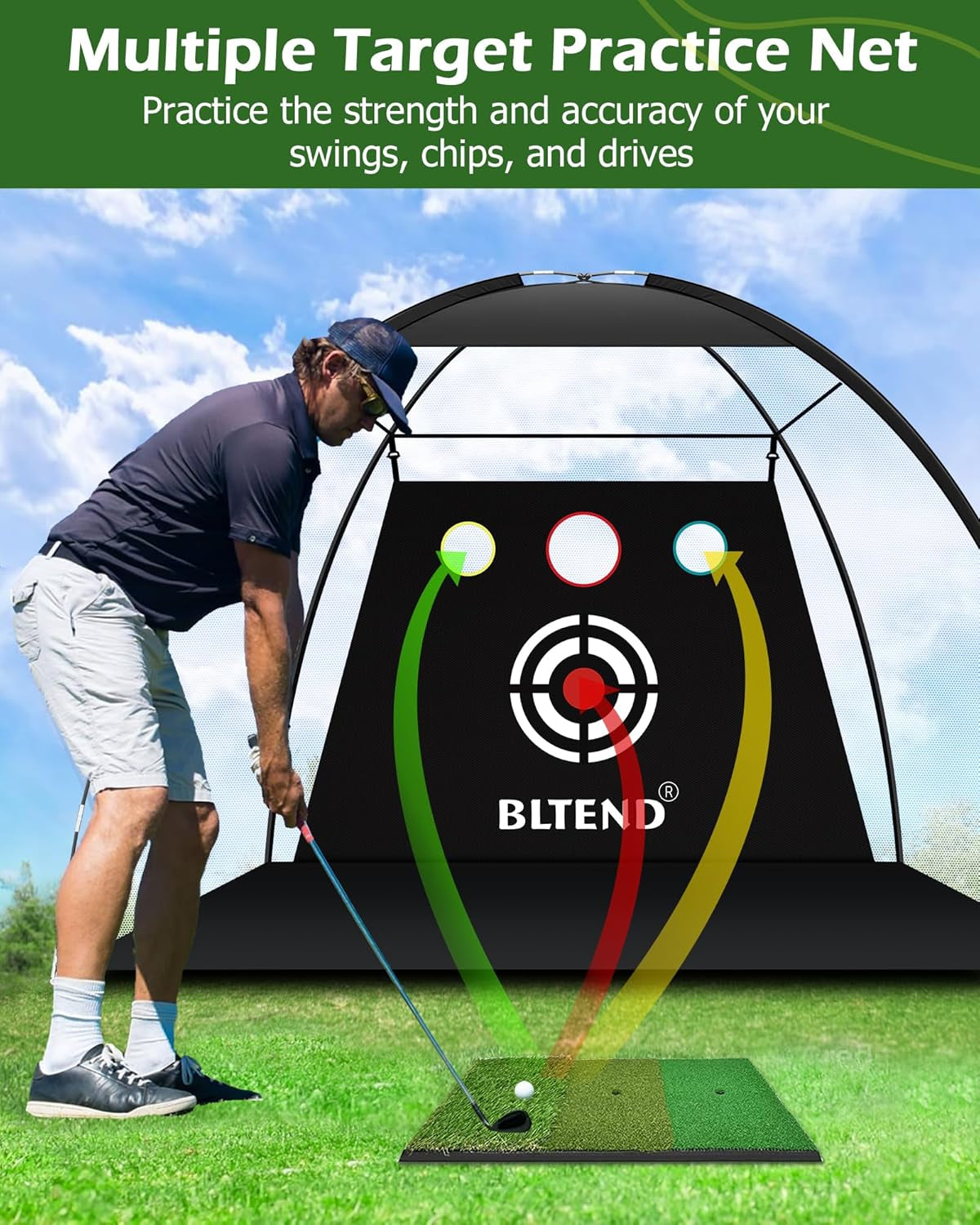 Golf Net - 10X7Ft Golf Practice Nets for Backyard Driving Chipping - Golf Hitting Net with Tri-Turf Golf Mat - Personal Golf Training Equipment for Indoor Outdoor Use - Gifts for Men/Golfers