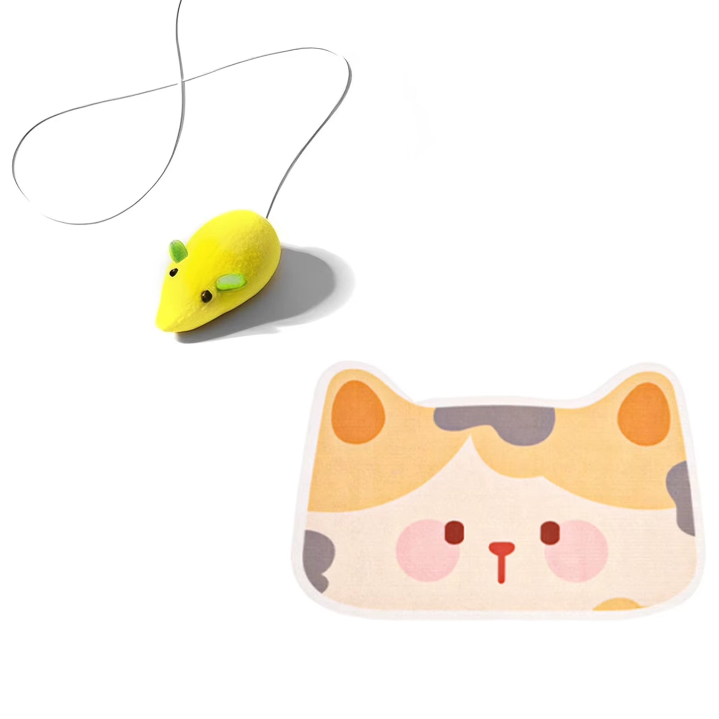 Wall mounted, self-adhesive cat scratcher with random hanging cat toy.