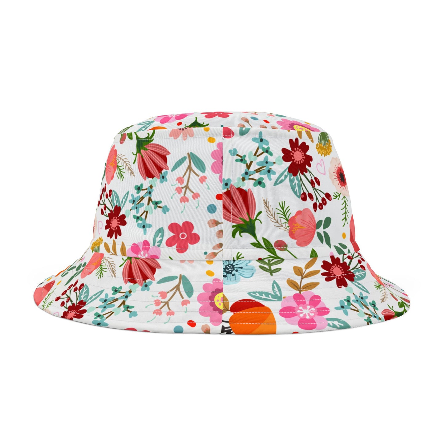 Floral-patterned bucket hat on a white background