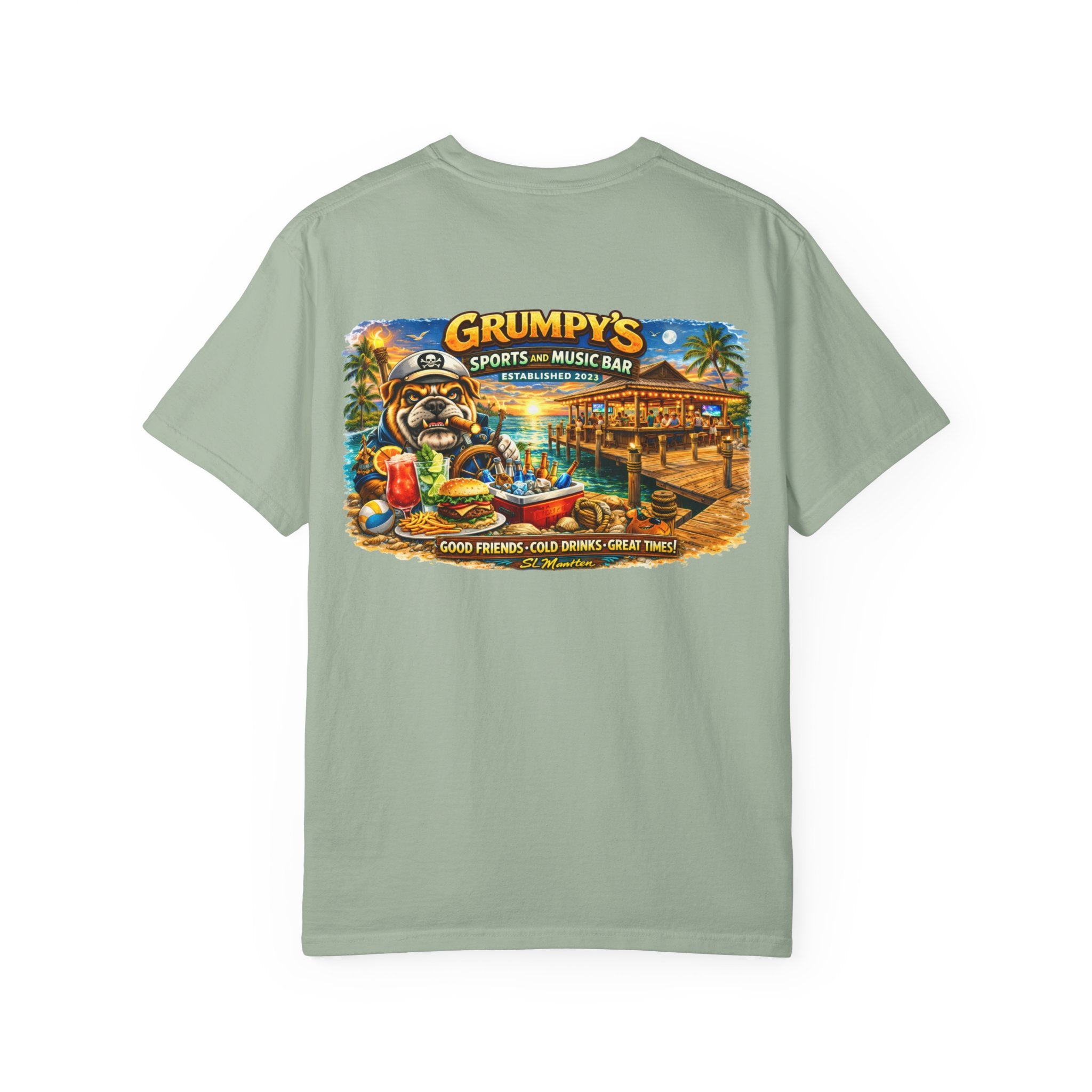 Light green t-shirt with a colorful graphic of a dog and bar on the back, on a white background.