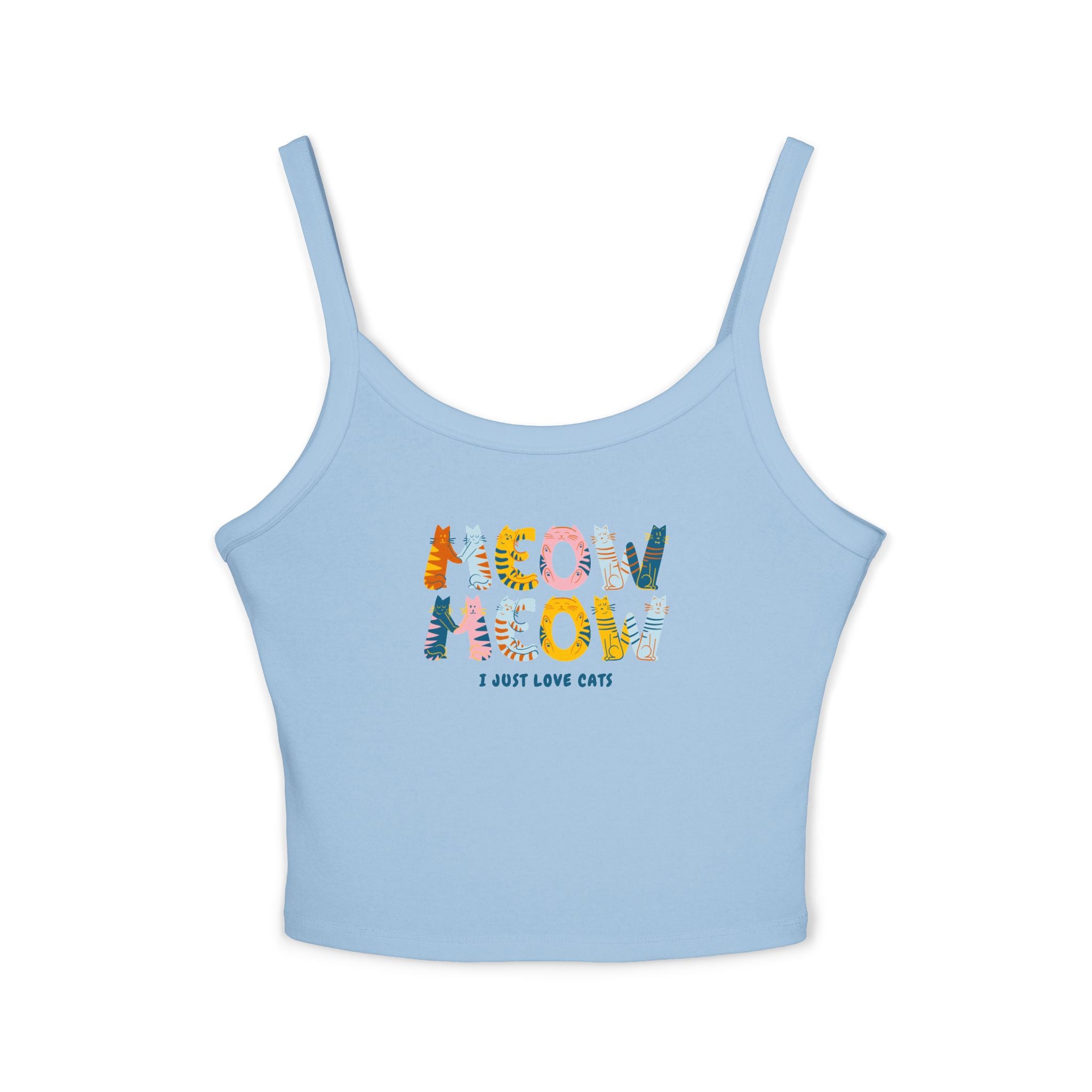 Light blue tank top with colorful text design on a white background