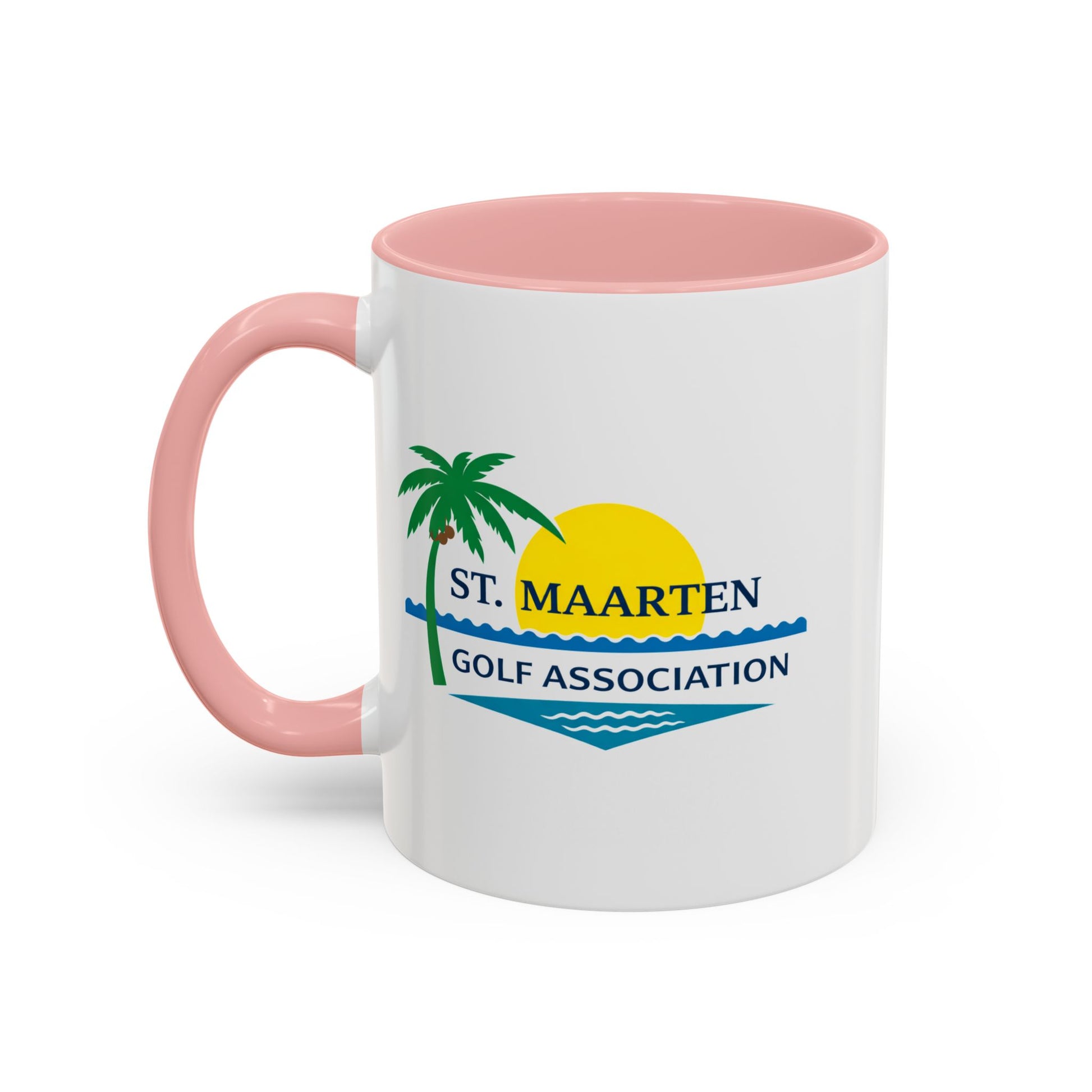 White mug with pink handle and interior, featuring St. Maarten Golf Association logo.