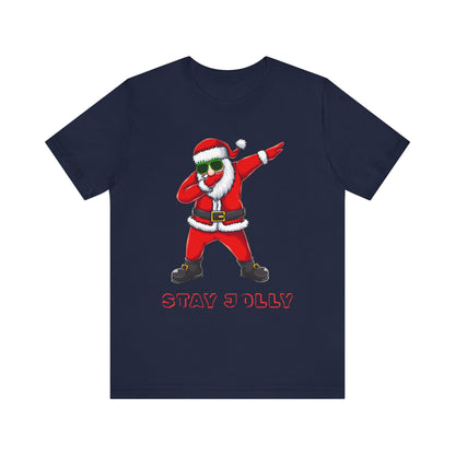Navy blue t-shirt with a dabbing Santa Claus graphic and 'Stay Jolly' text on a white background.