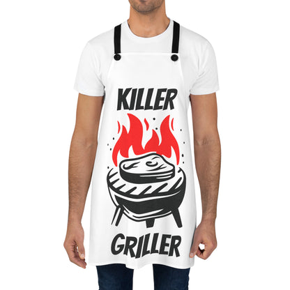 Person wearing a white apron with 'Killer Griller' design on a white background