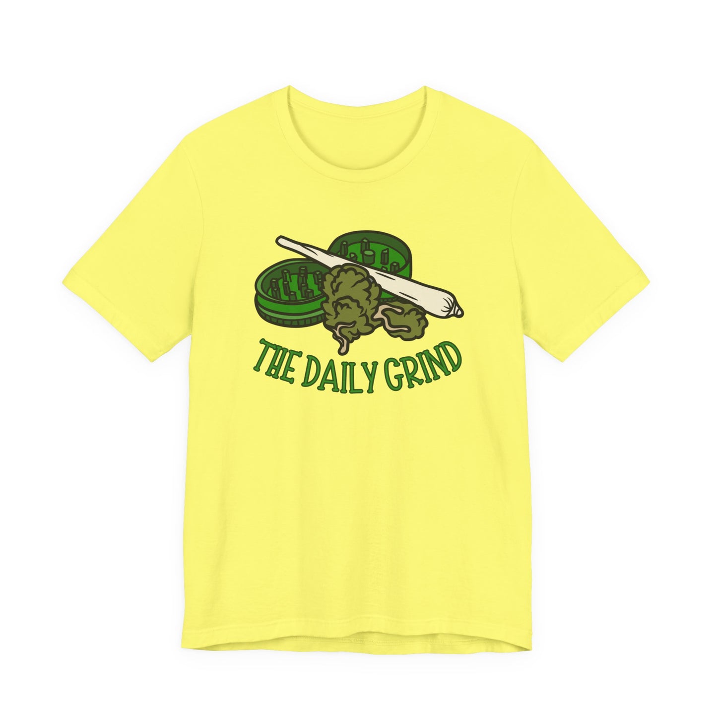 Yellow t-shirt with green graphic and 'The Daily Grind' text on a white background
