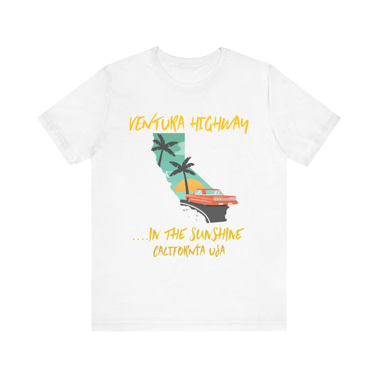 White t-shirt with a graphic design of California and text on a white background