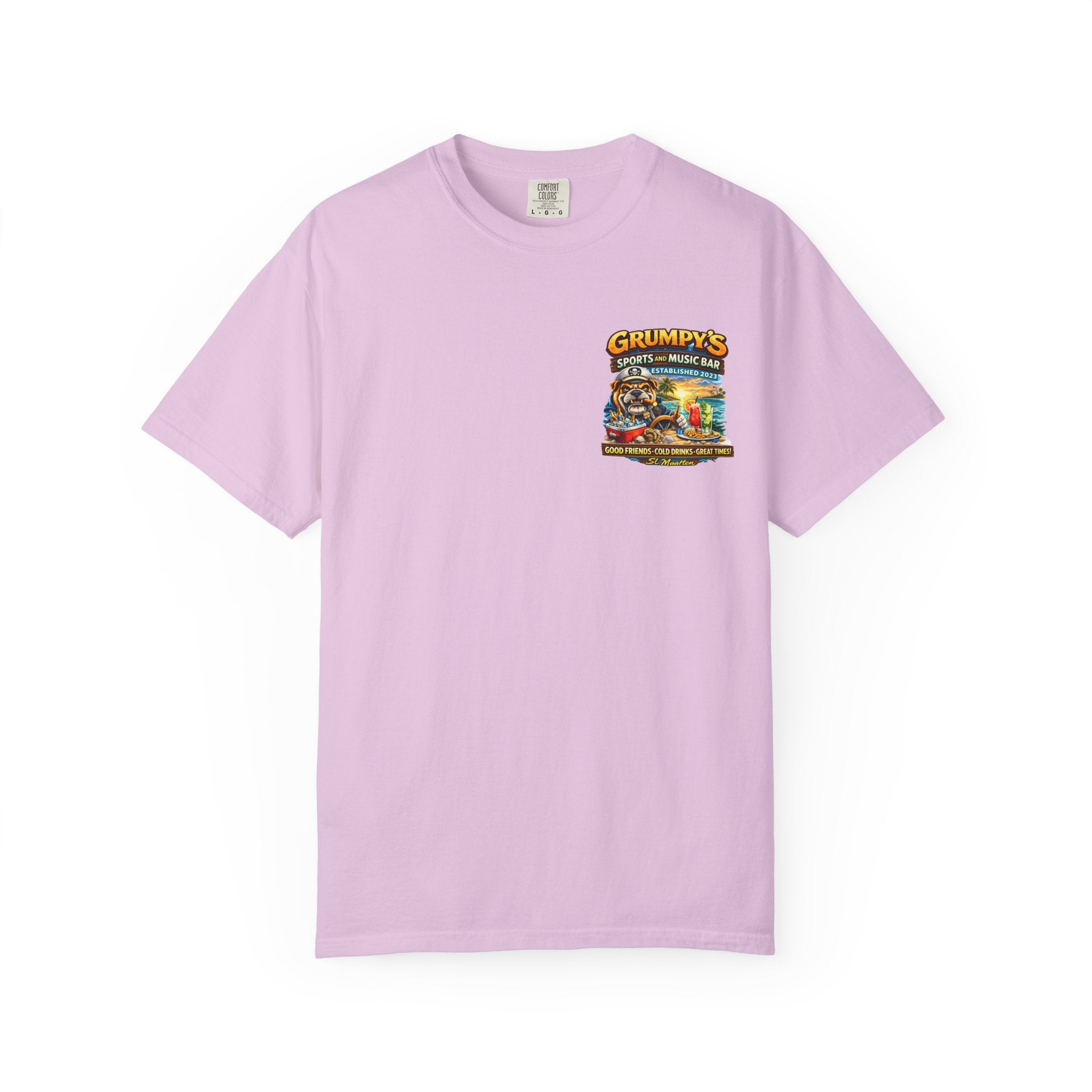 Light purple t-shirt with a colorful graphic on a white background