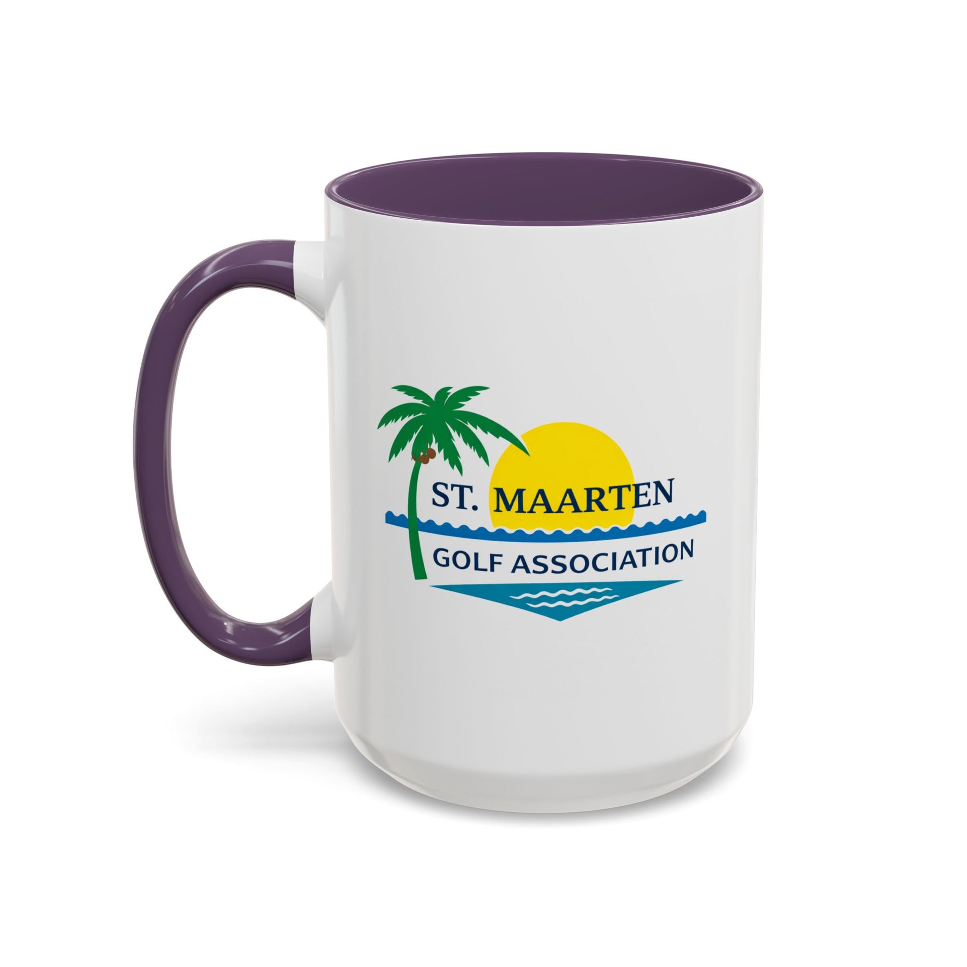 White mug with purple handle featuring St. Maarten Golf Association logo on a white background
