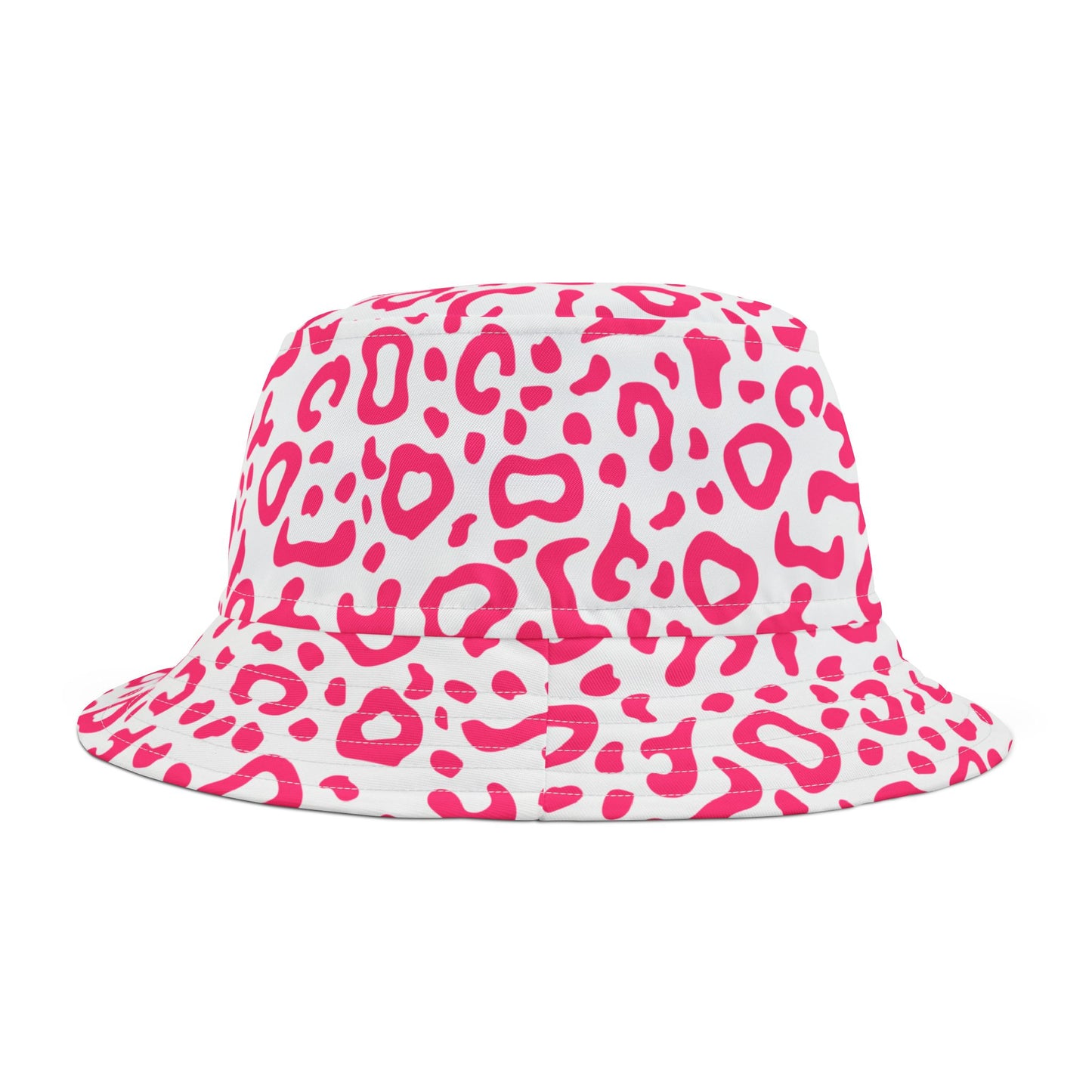 Bucket hat with pink leopard print pattern on a white background