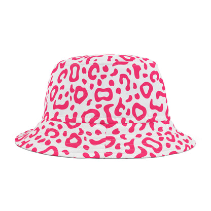 Bucket hat with pink leopard print pattern on a white background