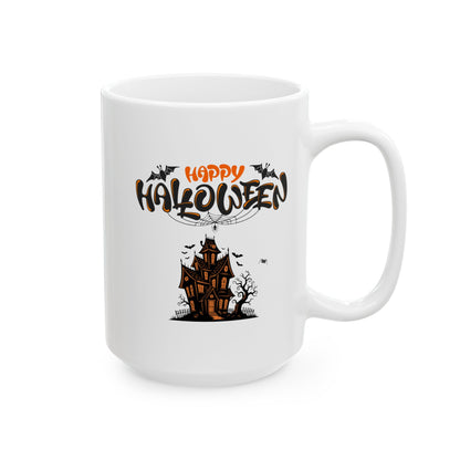 White mug with Halloween design featuring a haunted house and text on a white background