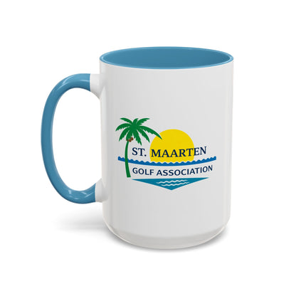 White mug with blue handle featuring St. Maarten Golf Association logo on a white background