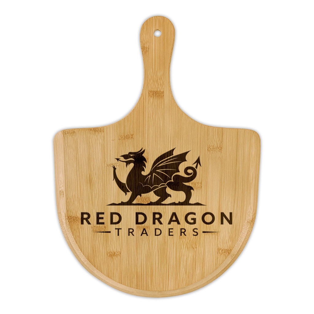 Wooden paddle board with 'Red Dragon Traders' logo on a white background