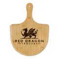 Wooden paddle board with 'Red Dragon Traders' logo on a white background