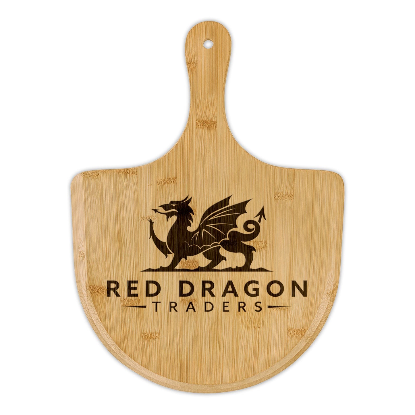 Wooden paddle board with 'Red Dragon Traders' logo on a white background