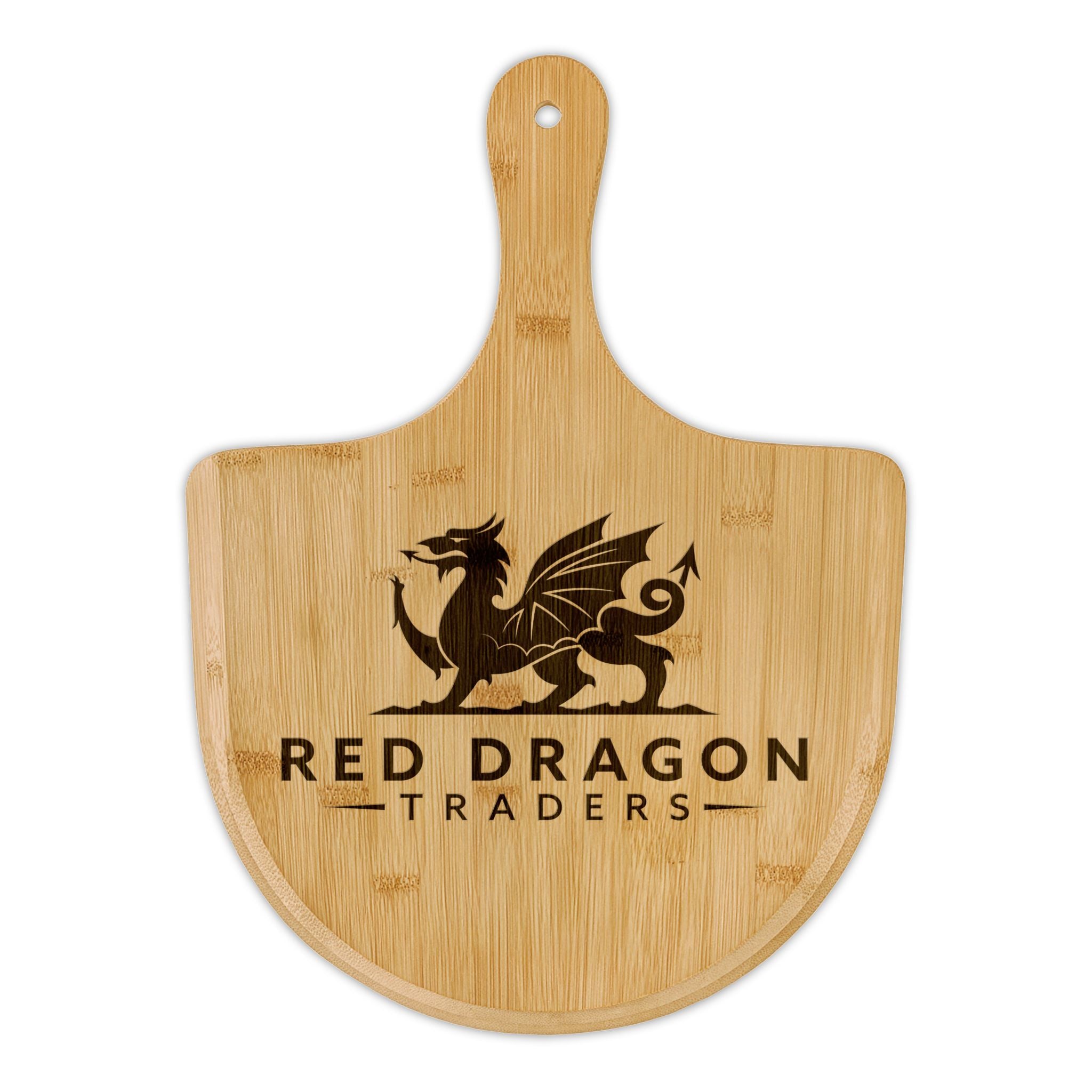 Wooden paddle board with 'Red Dragon Traders' logo on a white background
