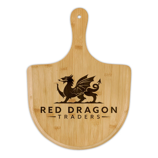 Wooden paddle board with 'Red Dragon Traders' logo on a white background