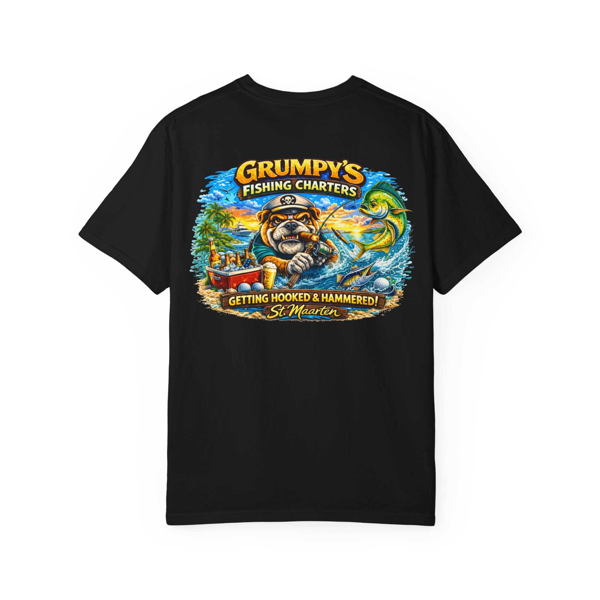 White Grumpy's Fishing Charters Tee – "Hooked & Hammered", t-shirt product image 22, size XL.