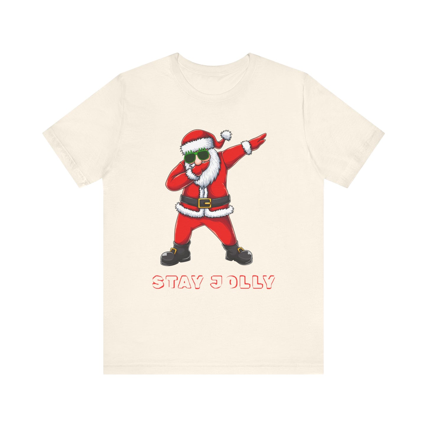 Beige t-shirt with a graphic of a dabbing Santa Claus and 'Stay Jolly' text on a white background
