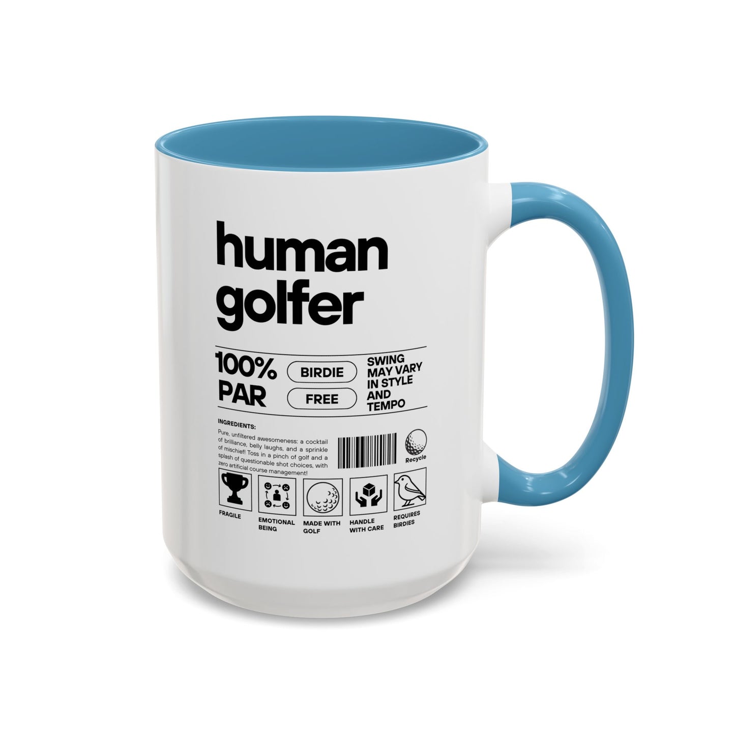 Mug with 'human golfer' text and design on a white background