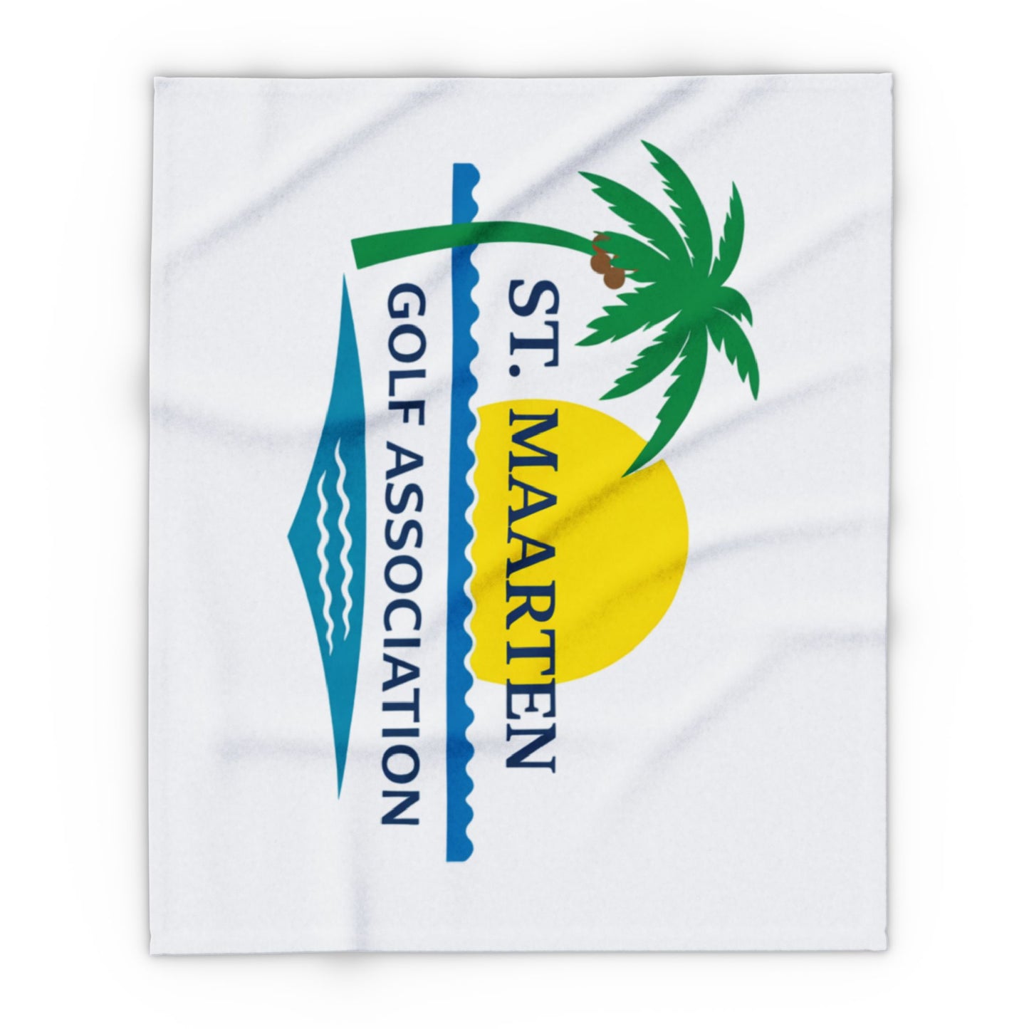 White towel with St. Maarten Golf Association logo featuring a palm tree and sun.