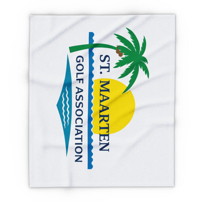 White towel with St. Maarten Golf Association logo featuring a palm tree and sun.
