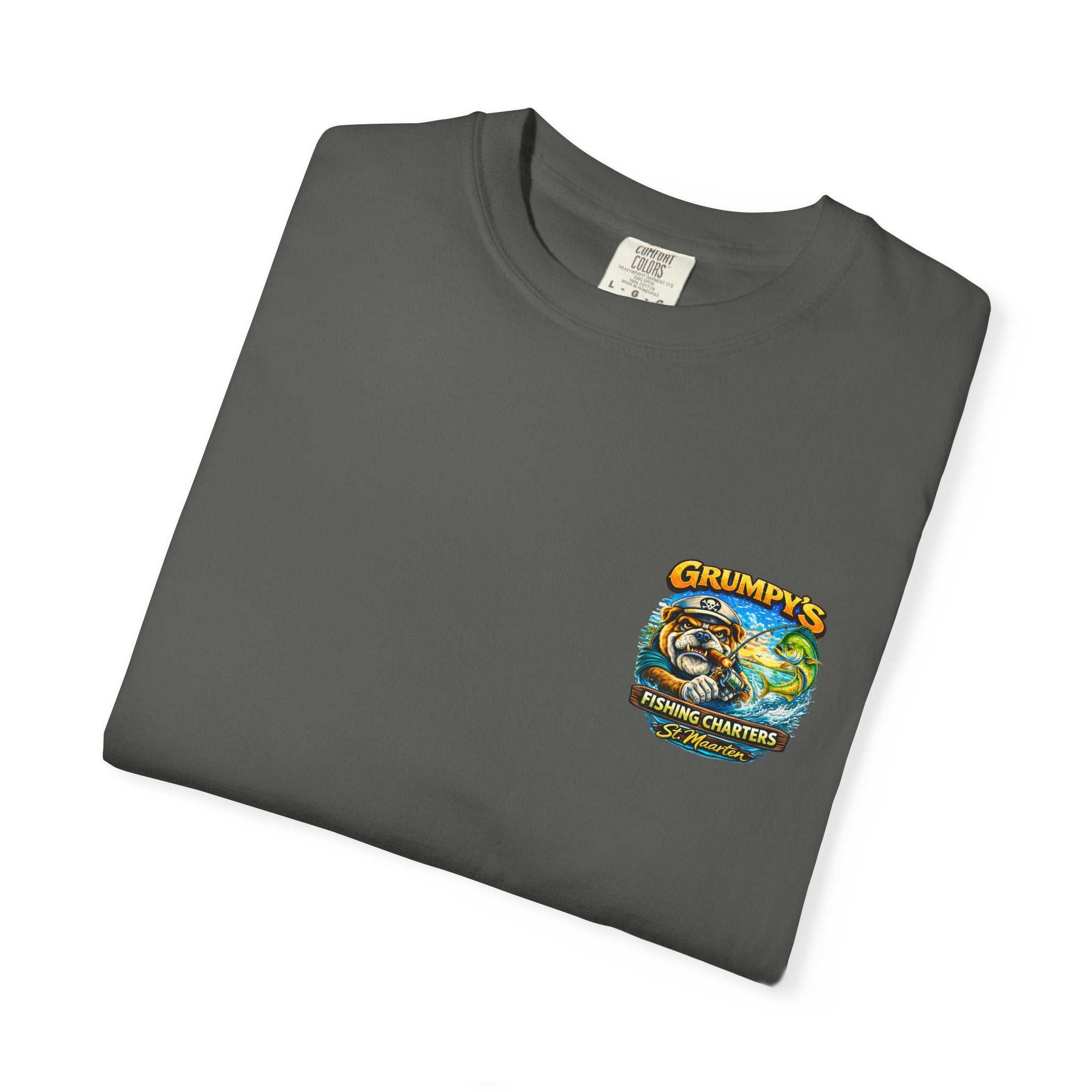 White Grumpy's Fishing Charters Tee – "Hooked & Hammered", t-shirt product image 15, size L.