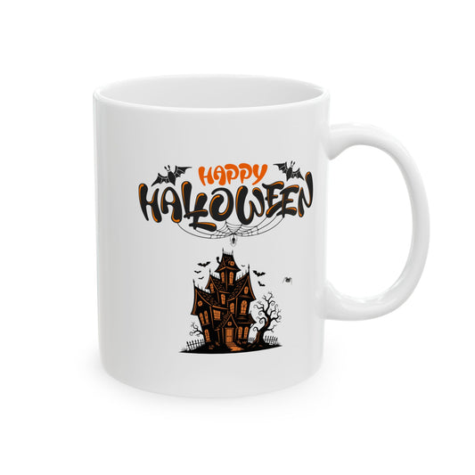 White mug with Halloween-themed design featuring a haunted house and 'Happy Halloween' text.