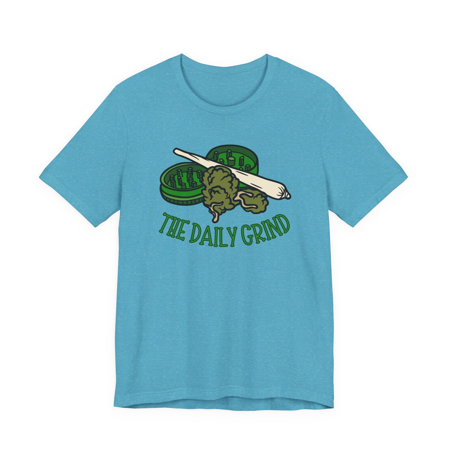 Blue t-shirt with 'The Daily Grind' graphic design on a white background