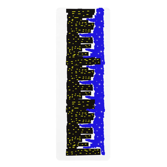 city skyline graphic on a yoga mat with a blue top and black bottom on a white background