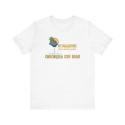 White t-shirt with St Maarten Golf Association Concordia Cup 2023 logo on a white background