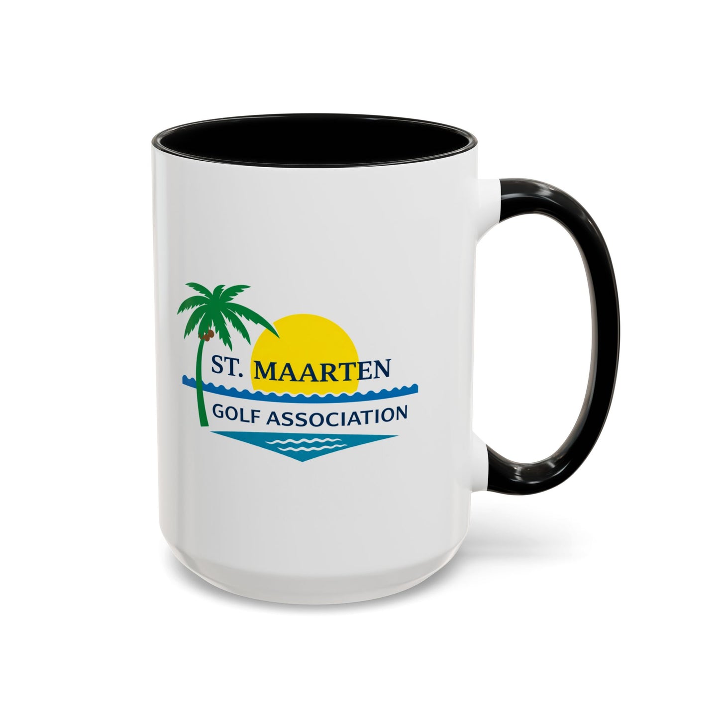 White mug with black handle featuring St. Maarten Golf Association logo on a white background