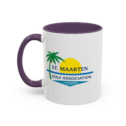 White mug with purple handle featuring St. Maarten Golf Association logo