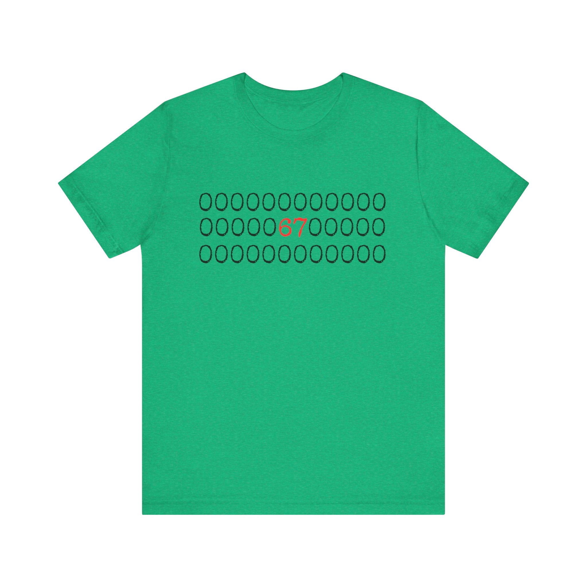 Heather green t-shirt with rows of black circles and a red '67' in the center on a white background