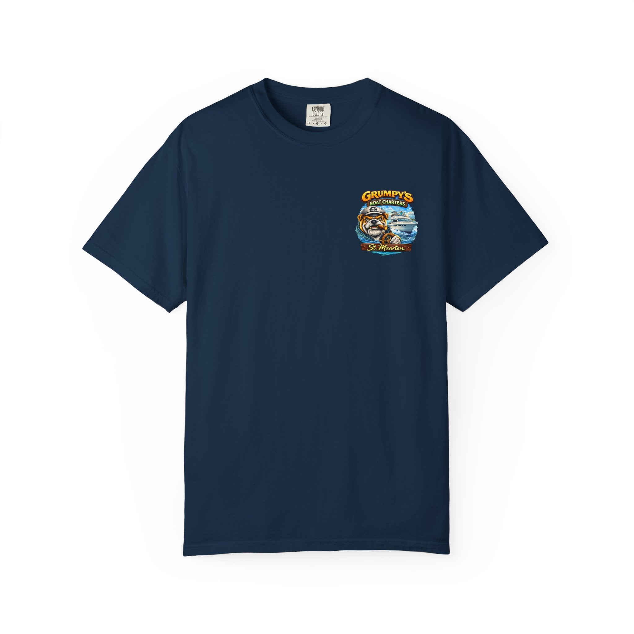 Navy blue t-shirt with a logo on the chest against a white background