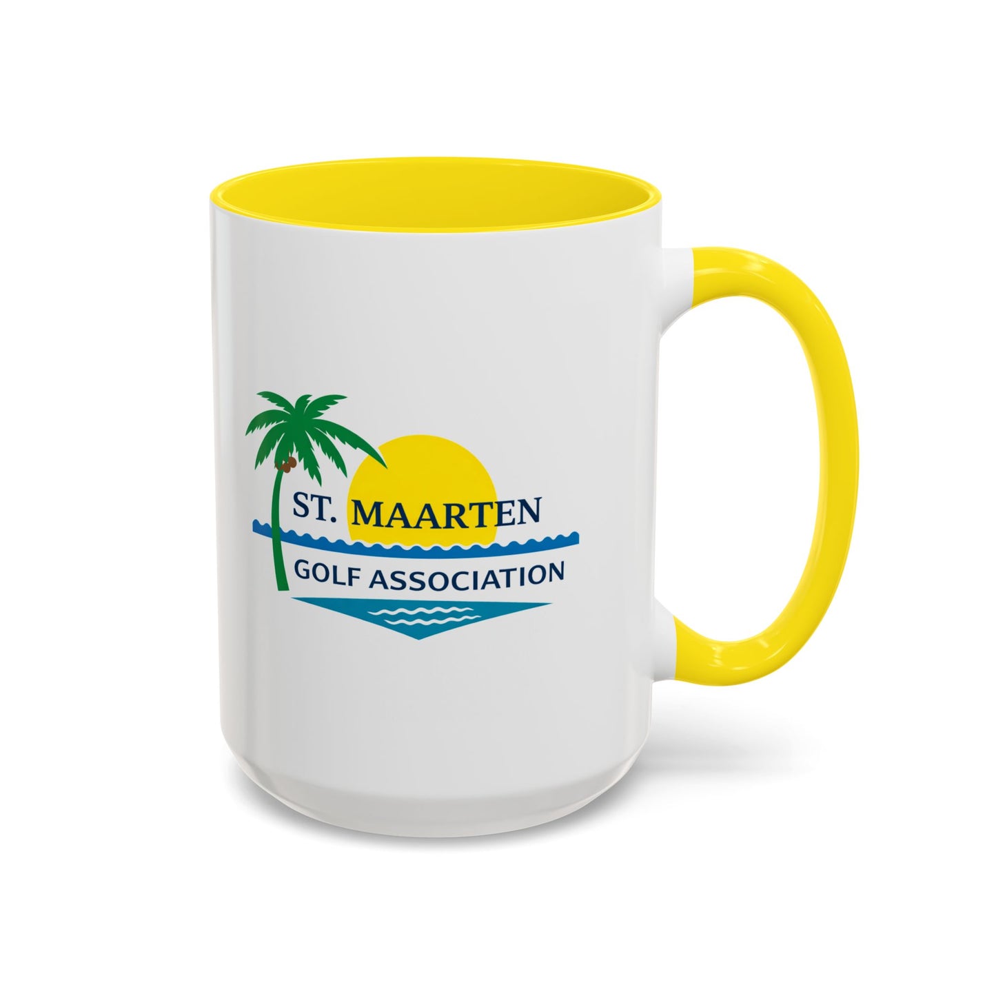 White mug with yellow interior and handle featuring St. Maarten Golf Association logo on a white background