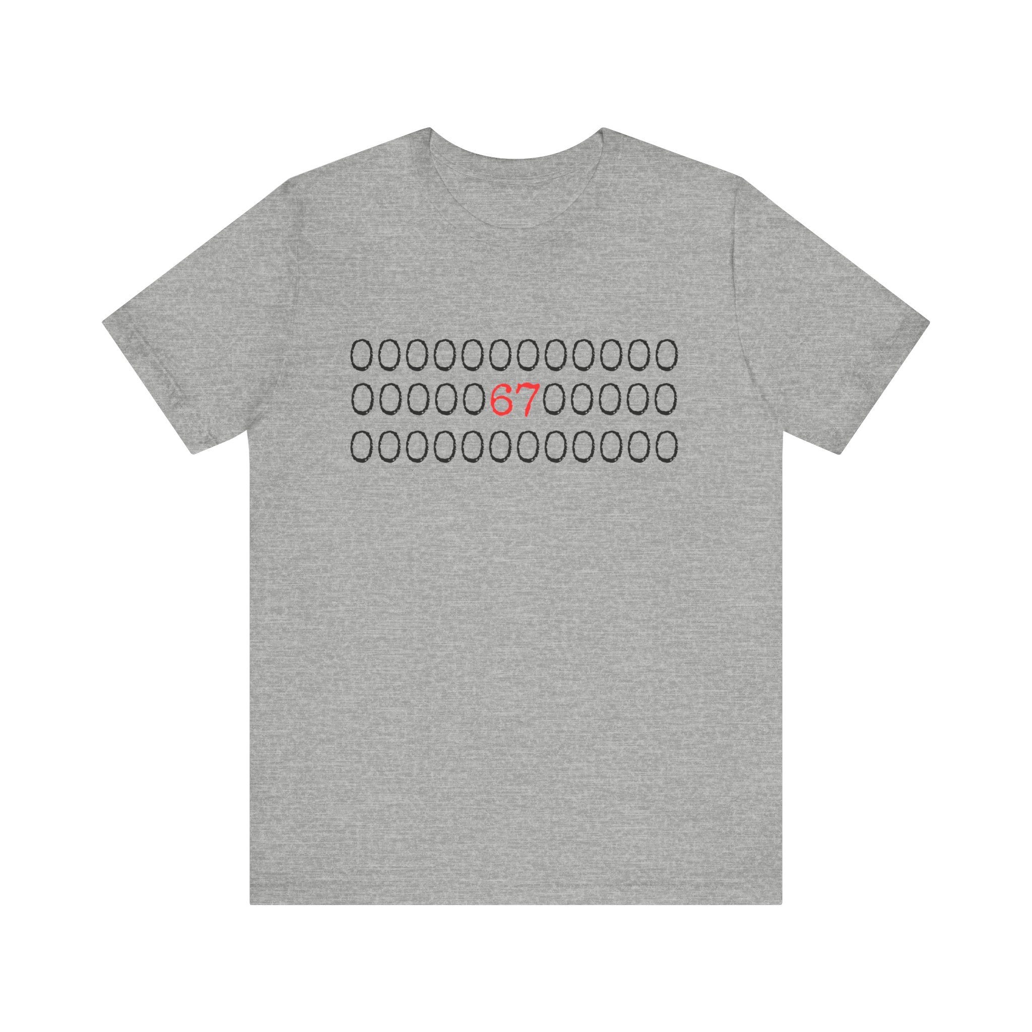 Athletic heather gray t-shirt with rows of black circles and a red '67' in the center on a white background